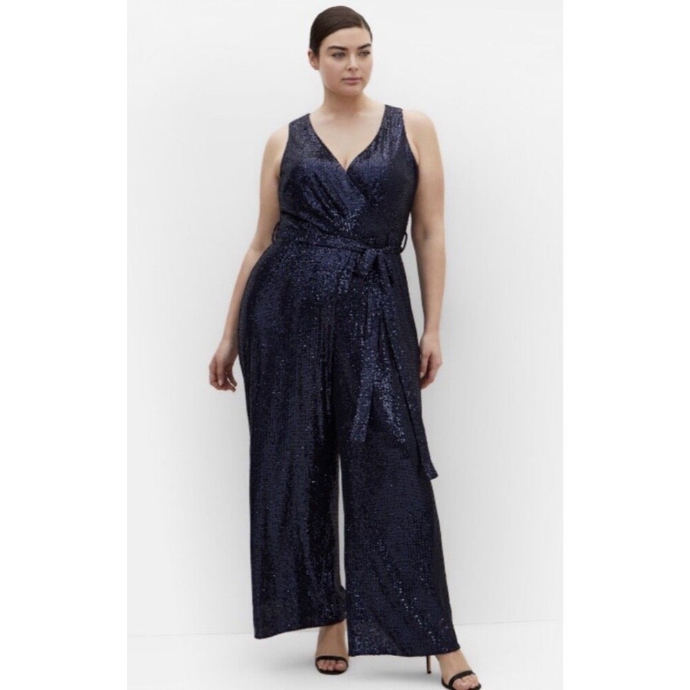 City Chic Womens Jumpsuit Navy Blue Sequin V-Neck L 20 Glam Party Wedding Guest